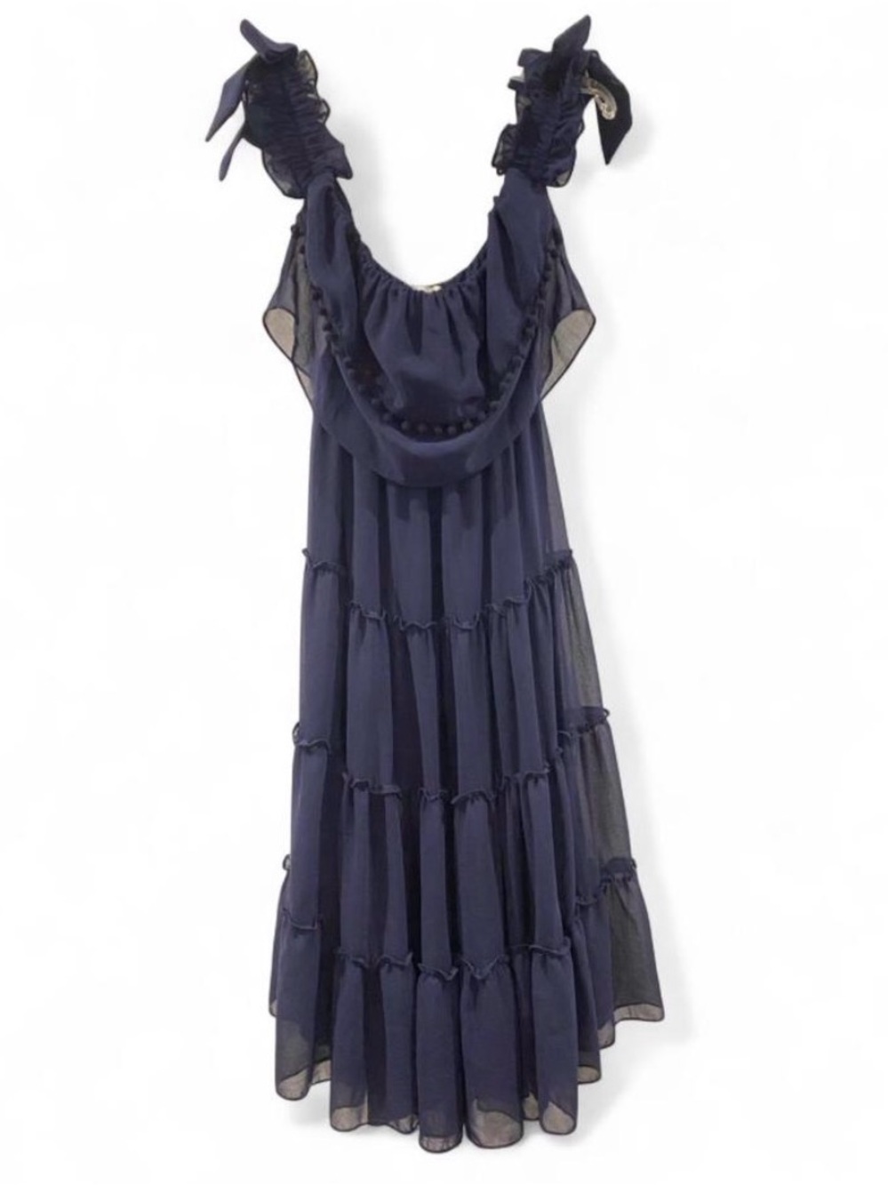 Misa Los Angeles Micaela Off-Shoulder Navy Tiered Ruffle Midi Dress 💙 - Picture 3 of 6
